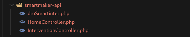 Arborescence du dossier smartmaker-api avec les classes HomeController.php et InterventionController.php