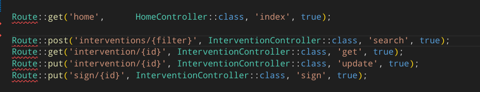 PHP routing table declaring GET, POST and PUT routes to Controller classes